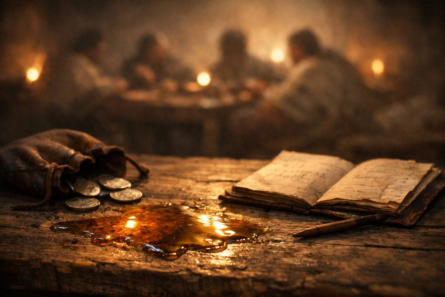 Cinematic still life of fragrant oil spilled on a rough wooden table, glowing in warm lamplight beside an open coin pouch with silver coins and a faintly marked parchment ledger, with blurred figures reclining at a table in the background